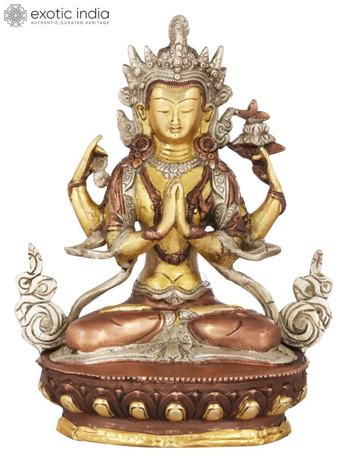 8" Handmade Chenrezig Brass Statue - Tibetan Buddhist Deity