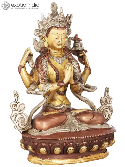 8" Tibetan Buddhist Deity Chenrezig Brass Statue (Shadakshari Lokeshvara) | Handmade | Made in India