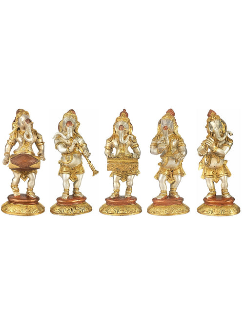 8" Set of Five Musical Ganeshas Brass Handmade Idols