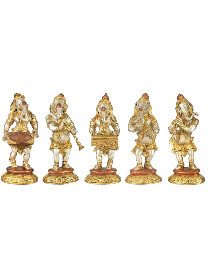 8" Set of Five Musical Ganeshas Brass Handmade Idols