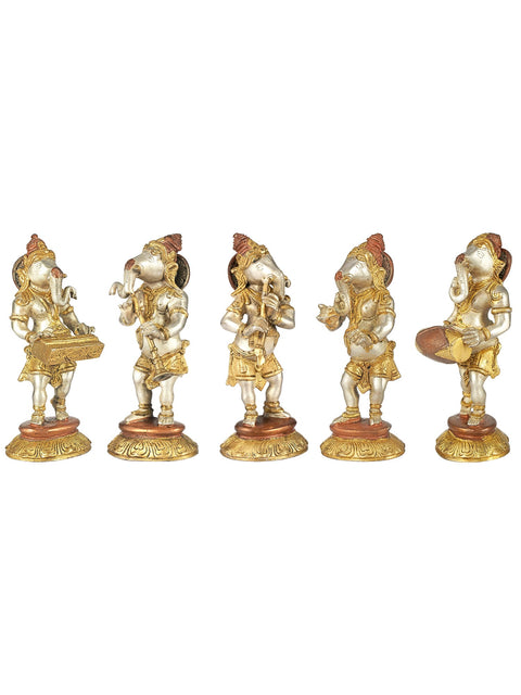 8" Set of Five Musical Ganeshas In Brass | Handmade | Made In India