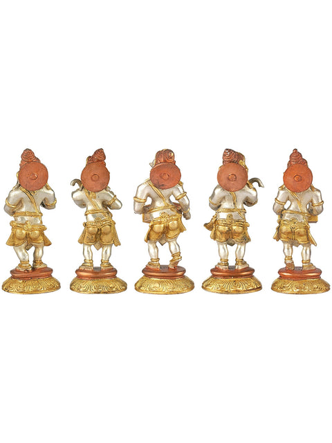 8" Set of Five Musical Ganeshas In Brass | Handmade | Made In India