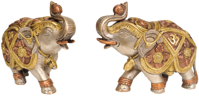 Pair of Brass Elephants with OM Symbol Statue