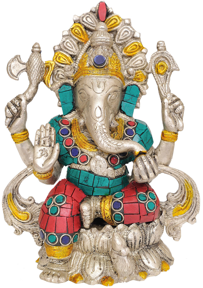 6" Handmade Lord Ganesha Seated on Lotus Brass Statue