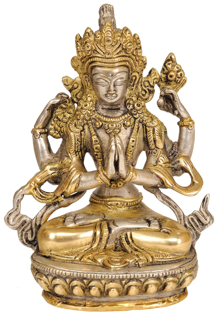 5" Buddhist Deity Chenrezig (Shadakshari Lokeshvara) Brass Statue | Handmade | Made in India
