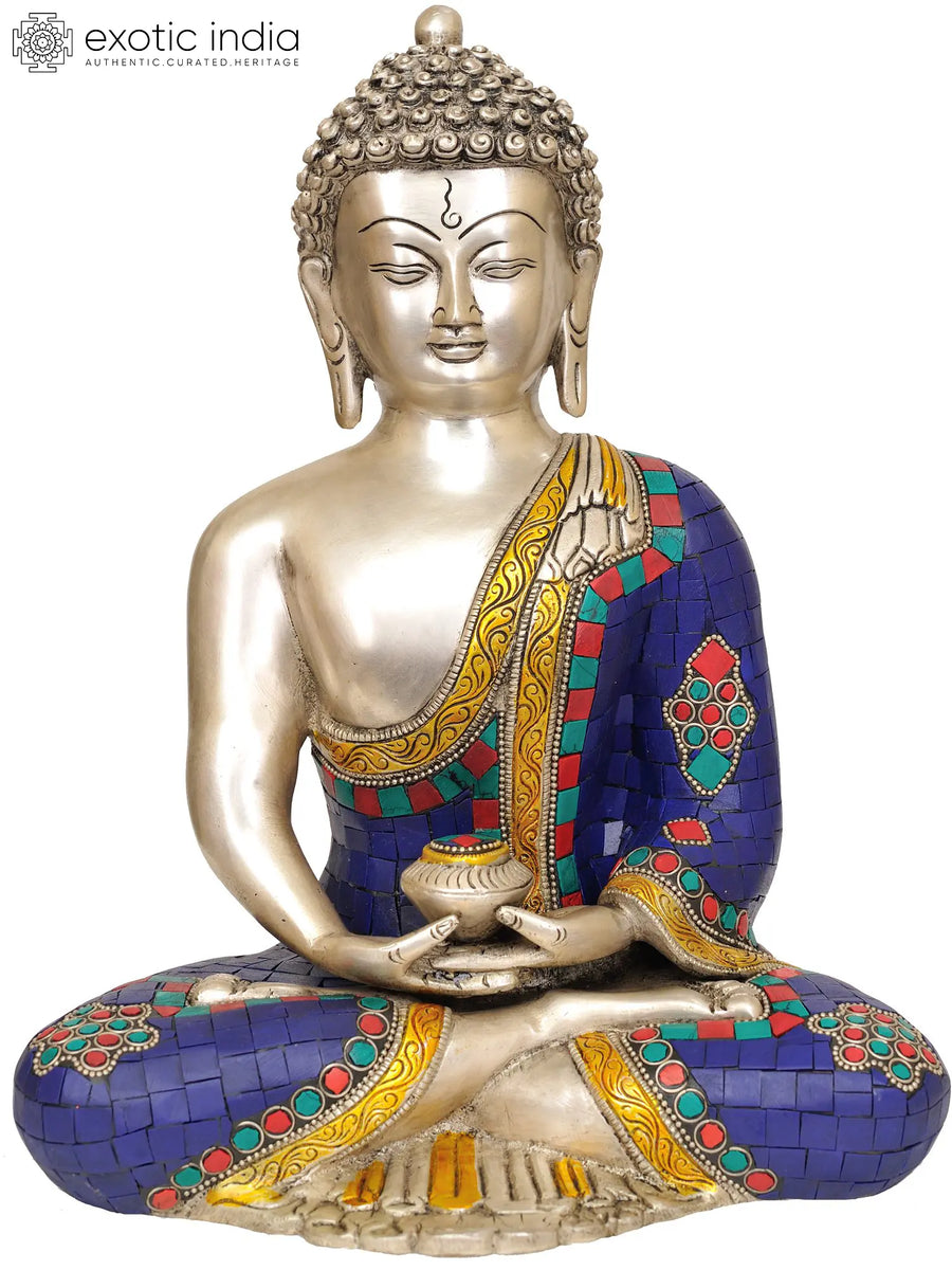 12" Handmade Dhyani Buddha Brass Statue with Inlay Work