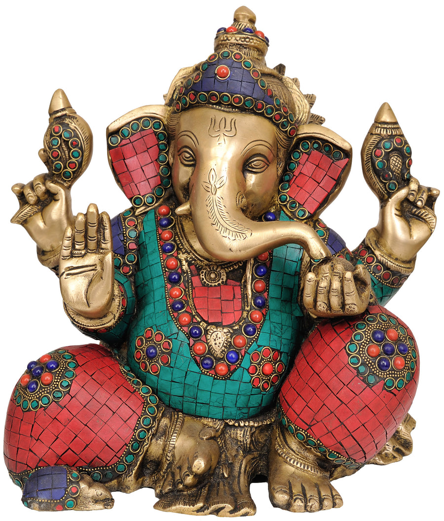 13" Handmade Brass Ganapati Inlay Statue for Pooja