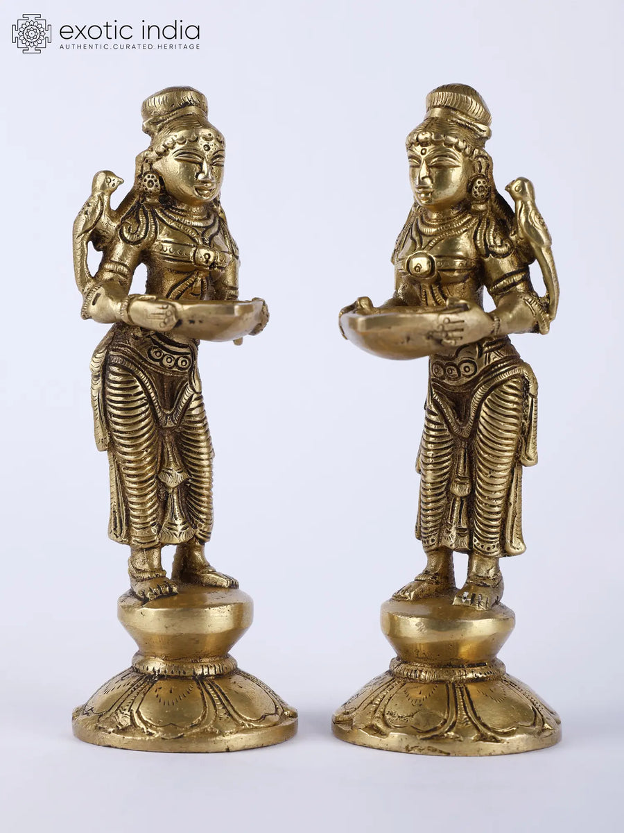 6" Handmade Brass Deeplakshmi Pair Statue for Pooja