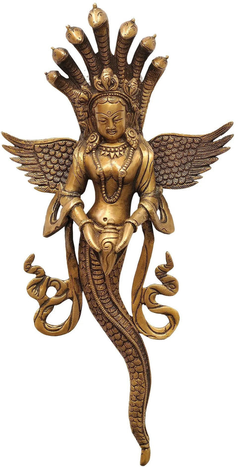 14" Naga Kanya Wall Hanging Brass Statue | Handmade Snake Woman Idol