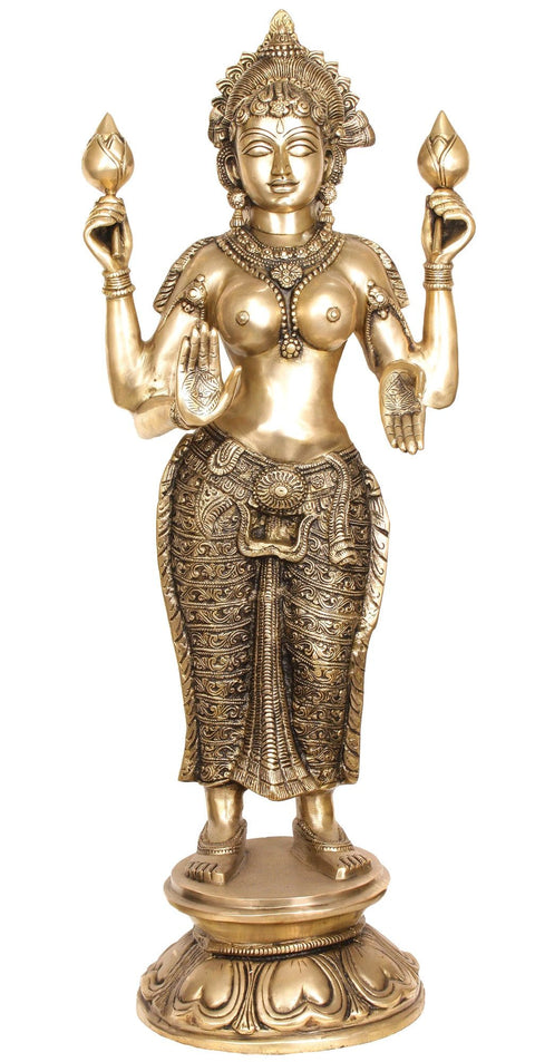 38" Large Size Standing Goddess Lakshmi In Brass | Handmade | Made In India