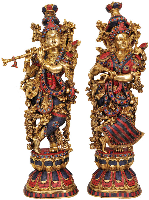 28" Radha Krishna Brass Pair Statue with Inlay Work Handmade