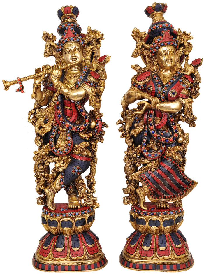 28" Radha Krishna Brass Pair Statue with Inlay Work Handmade