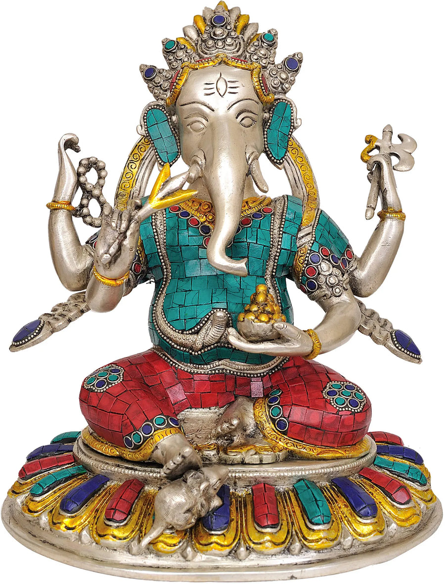 11" Handmade Ganesha Brass Inlay Statue for Home Pooja