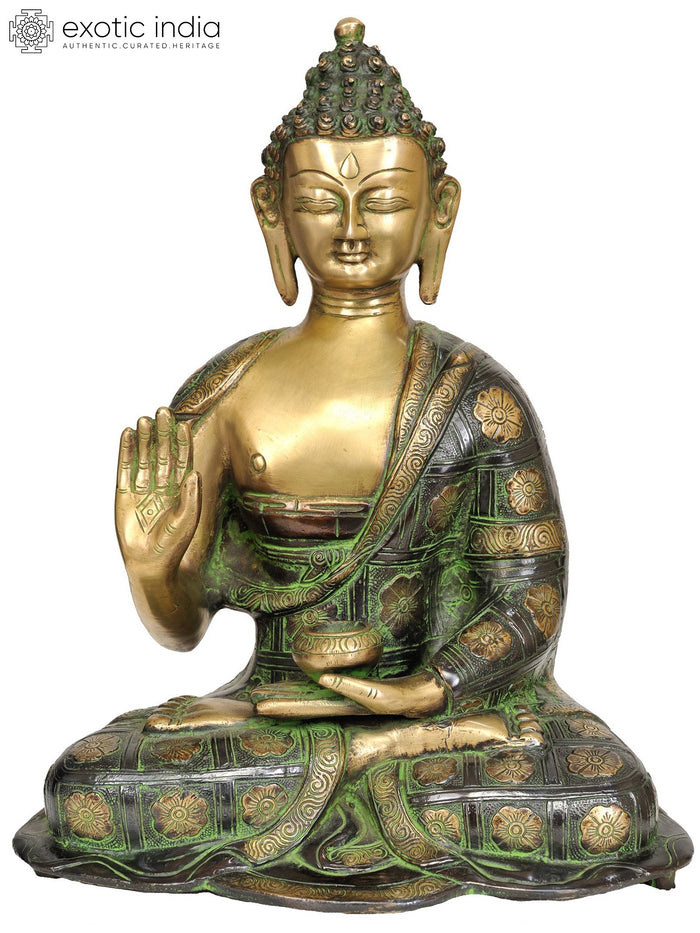 13" Blessing Buddha Brass Statue with Flower-Decorated Robes