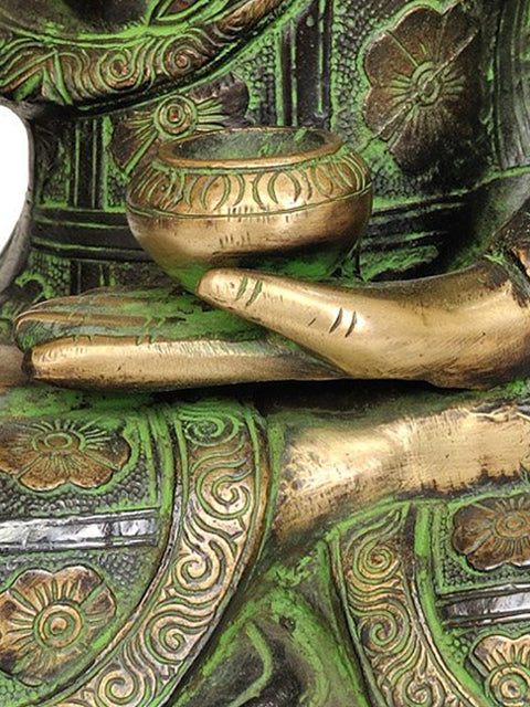 13" Blessing Buddha (Robes Decorated with Flowers) In Brass | Handmade | Made In India