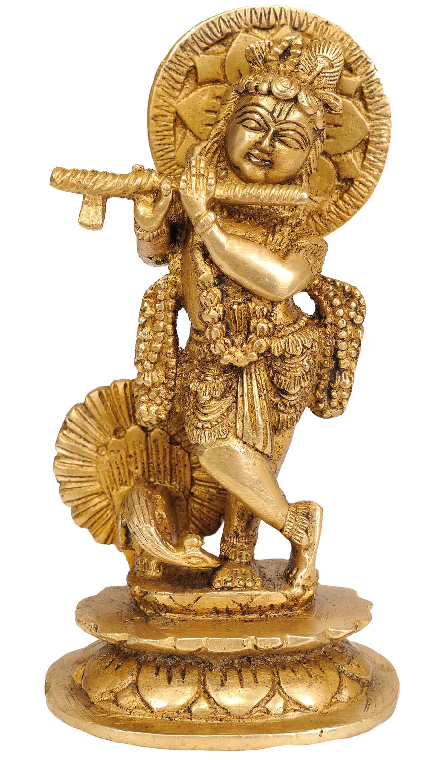 6" Krishna Playing Flute with Peacock Handmade Brass Statue
