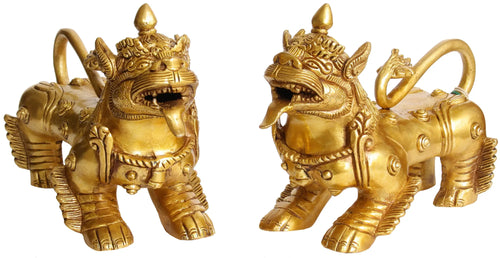 Pair of Tibetan Buddhist Temple Lions Brass Statue