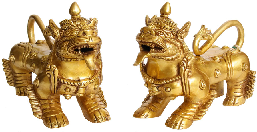 Pair of Tibetan Buddhist Temple Lions Brass Statue
