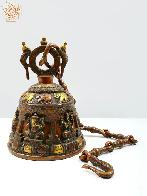 14" Brass Ganesha Lakshmi Saraswati Temple Hanging Bell Handmade