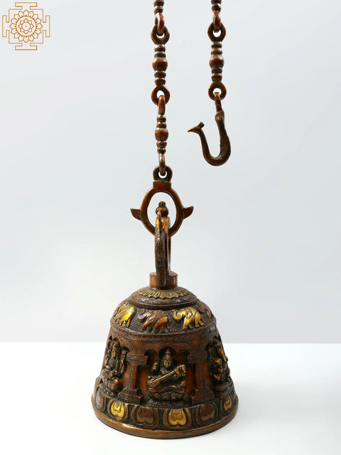 14" Ganesha Lakshmi and Saraswati Temple Hanging Bell in Brass | Handmade
