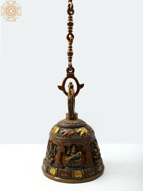 14" Ganesha Lakshmi and Saraswati Temple Hanging Bell in Brass | Handmade