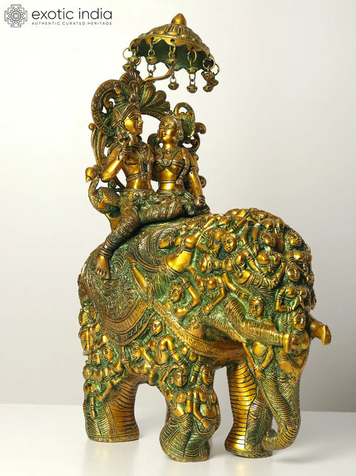 23" Radha Krishna Elephant Riding Handmade Brass Statue