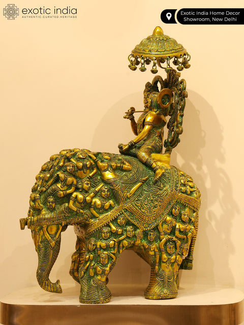 23" Radha and Krishna Riding on Elephant | Handmade Brass Statue