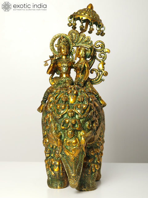 23" Radha and Krishna Riding on Elephant | Handmade Brass Statue