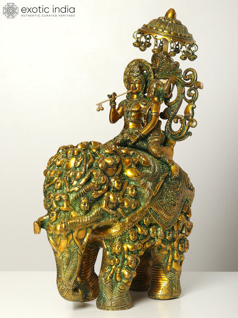 23" Radha and Krishna Riding on Elephant | Handmade Brass Statue
