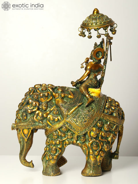 23" Radha and Krishna Riding on Elephant | Handmade Brass Statue