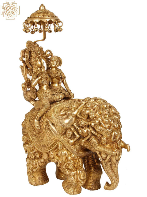 23" Radha and Krishna Riding on Elephant | Handmade Brass Statue