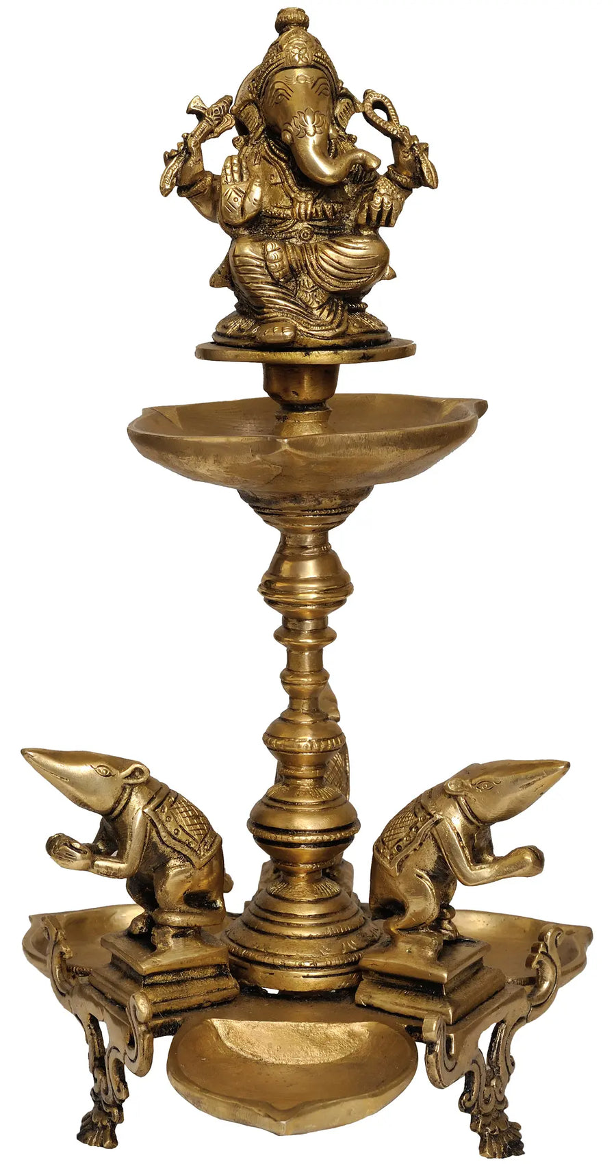 15" Handmade Brass Ganesha Lamp with Three Rats Idol