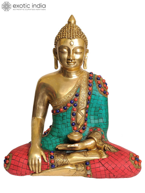 14" Handmade Brass Buddha Earth Touching Gesture Statue