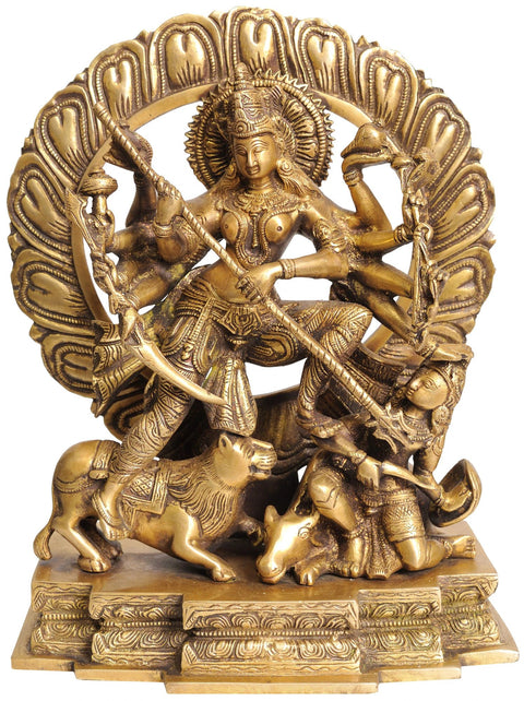 12" Ten-Armed Mahishasuramardini Goddess Durga Brass Sculpture | Handmade | Made in India