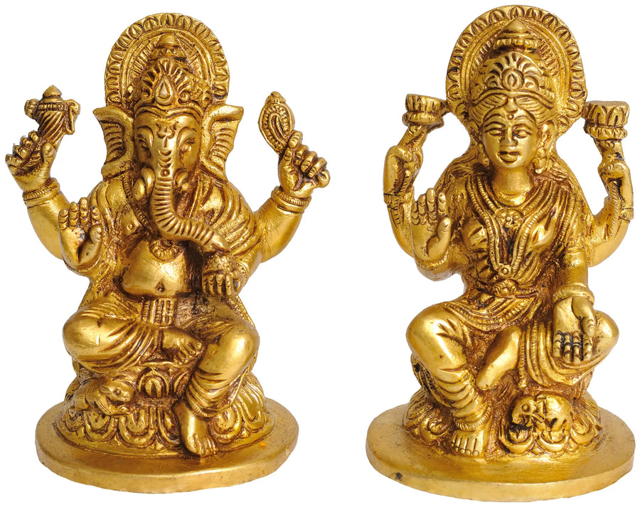 4" Ganesha and Lakshmi Brass Statue Set Handmade