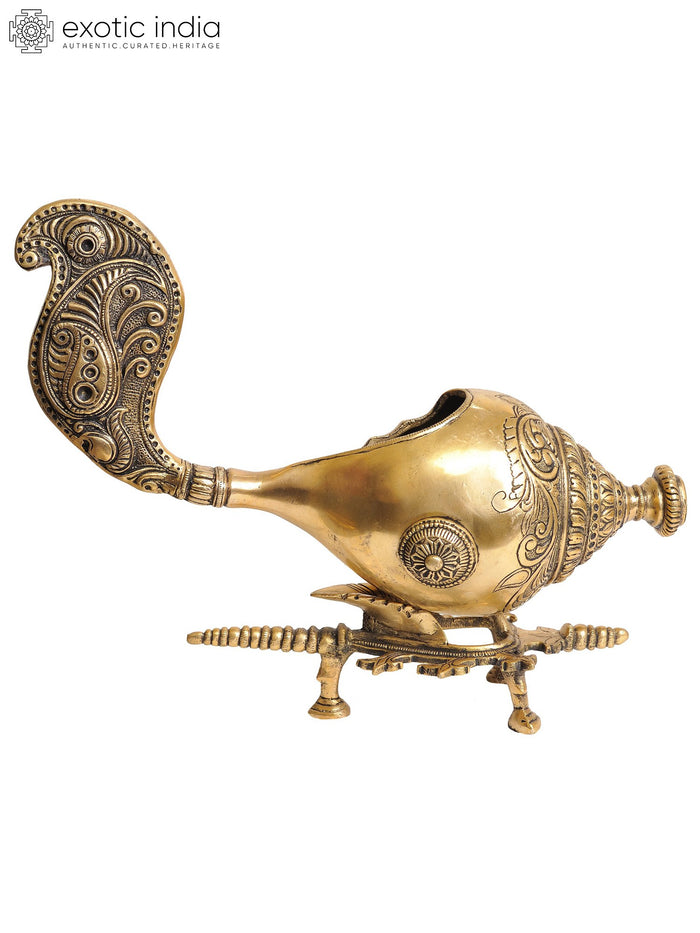 13" Handmade Brass Conch Sculpture on Stand