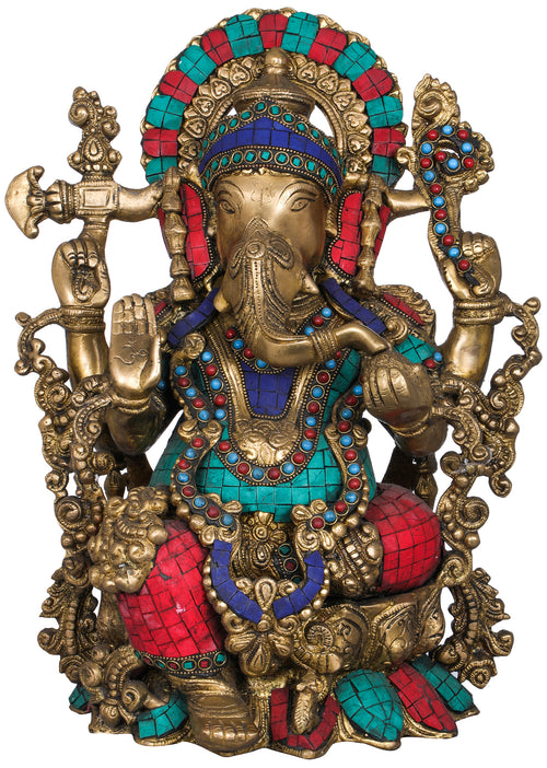 15" Handmade Ganesha Brass Statue with Inlay Work