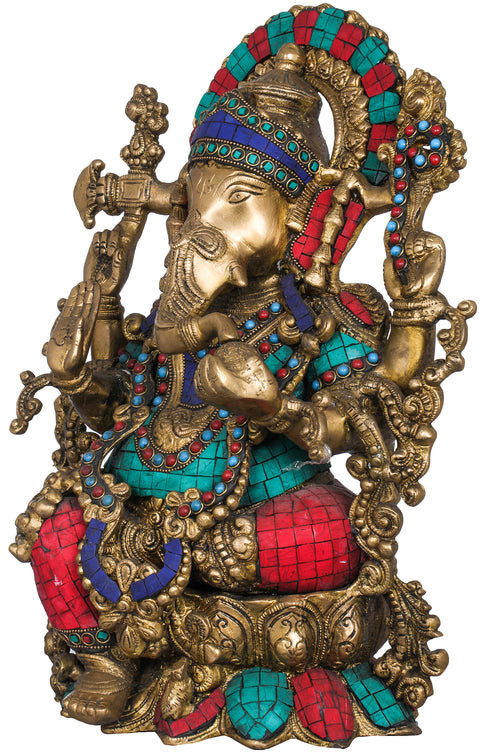15" Bhagawan Ganapati (Lord Ganesha Inlay Statue) In Brass | Handmade | Made In India