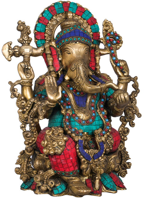 15" Bhagawan Ganapati (Lord Ganesha Inlay Statue) In Brass | Handmade | Made In India