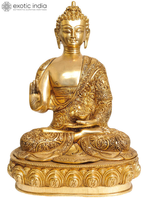 14" Brass Blessing Buddha Handmade Statue With Carved Robe