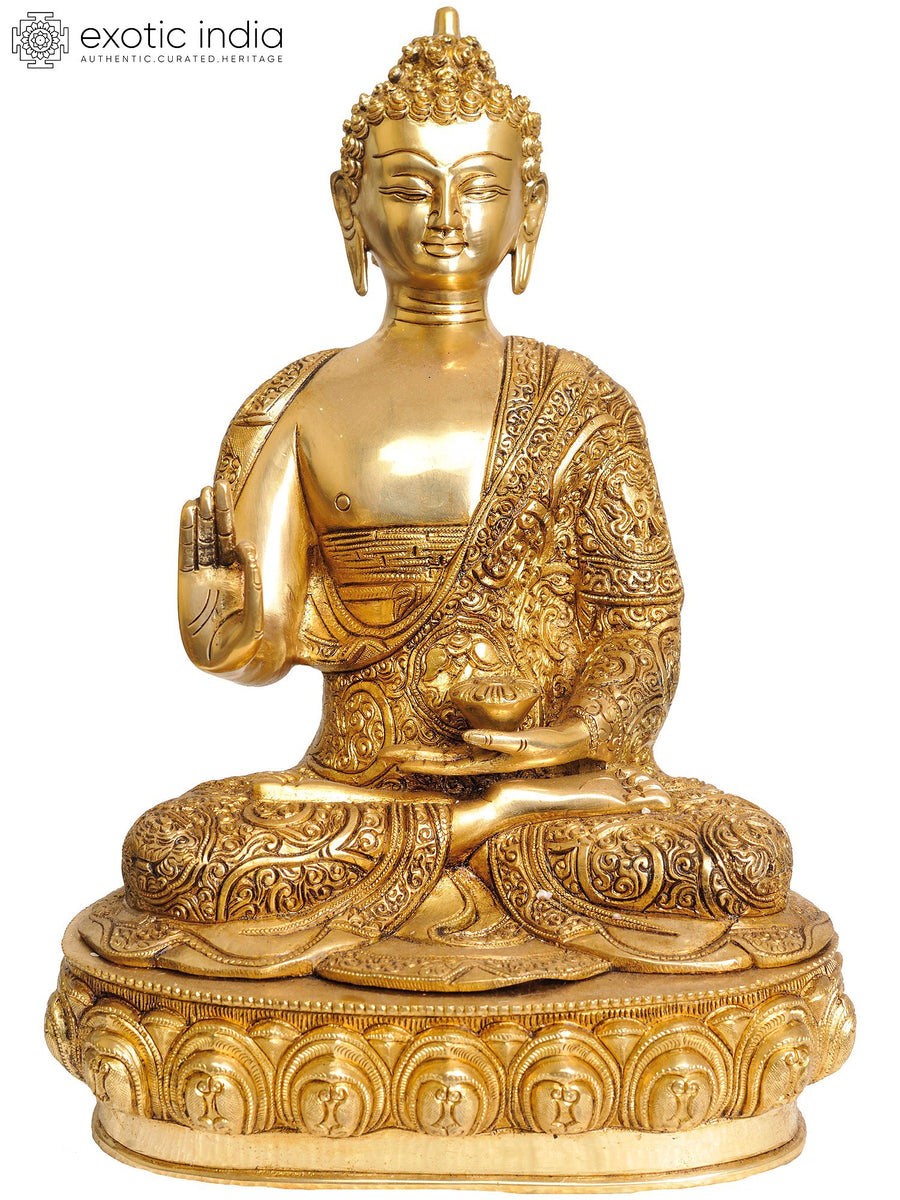 14" Brass Blessing Buddha Handmade Statue With Carved Robe