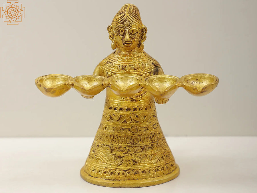 5" Small Tribal Lamp Lady Brass Statue
