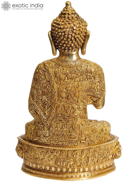 12" Tibetan Buddhist Blessing Buddha (Robe Decorated with Images from His Life) In Brass | Handmade | Made In India