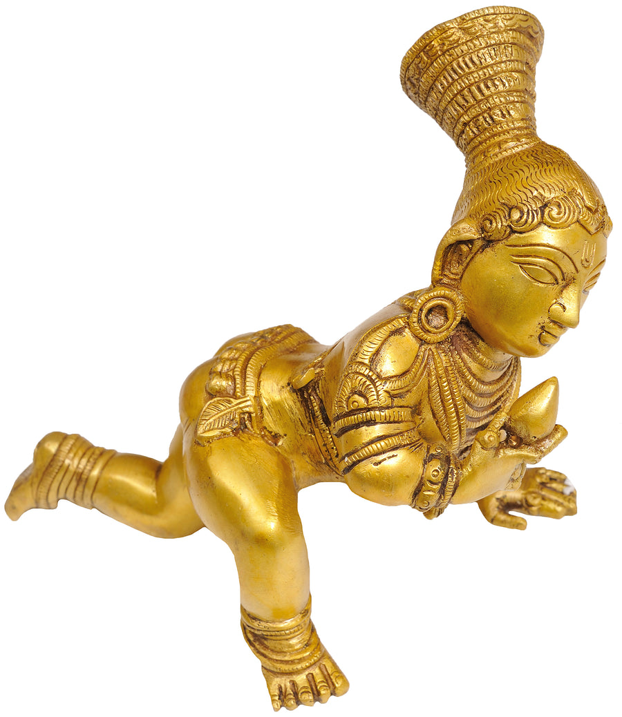 9" Baby Krishna Handmade Brass Idol Eating Butter Tribal Hair