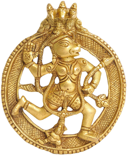 5" Brass Lord Hanuman Statue Under Serpent Hanging Plate Handmade
