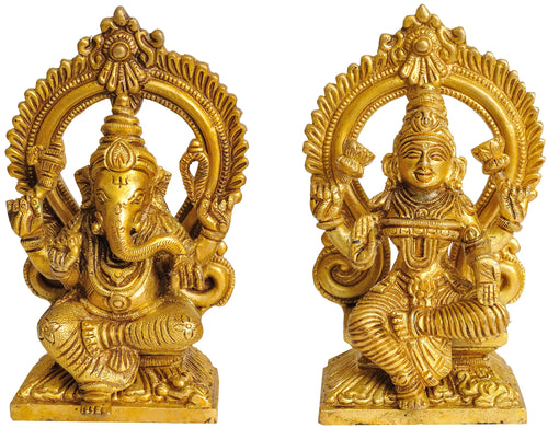 5" Pair of Throne Ganesha and Lakshmi Brass Statues Handmade