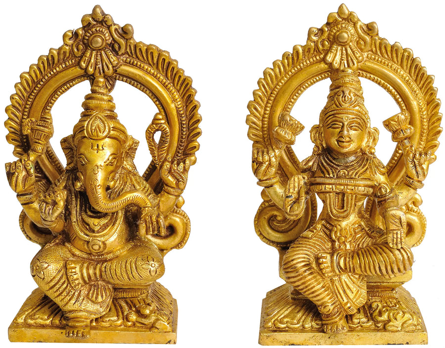 5" Pair of Throne Ganesha and Lakshmi Brass Statues Handmade
