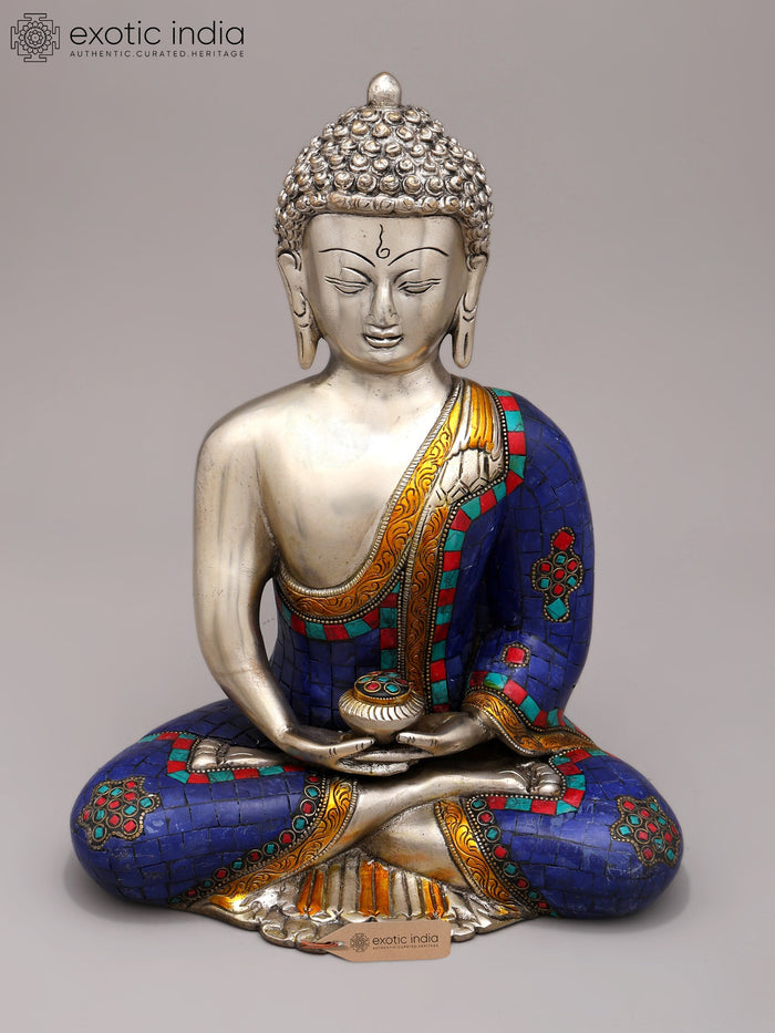 12" Dhyani Buddha Brass Statue with Inlay Handmade
