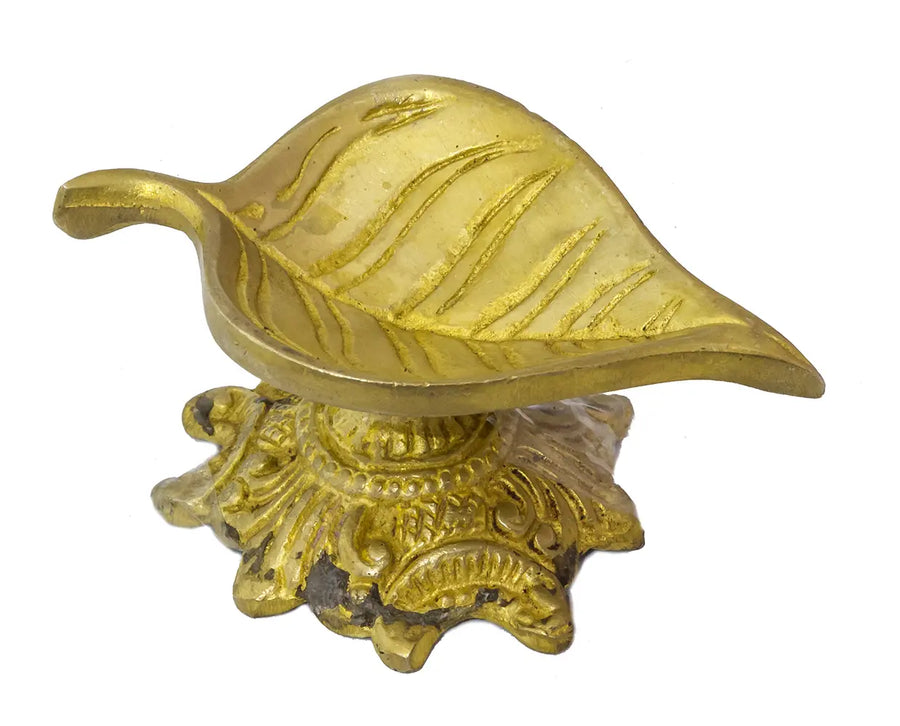1" Brass Pipal Leaf Diya with Stand Handmade