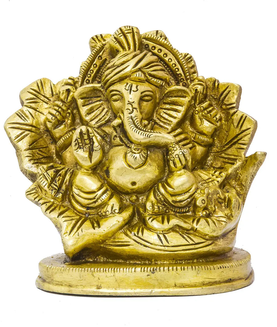 3" Handmade Lord Ganesha Seated on Flower Brass Statue
